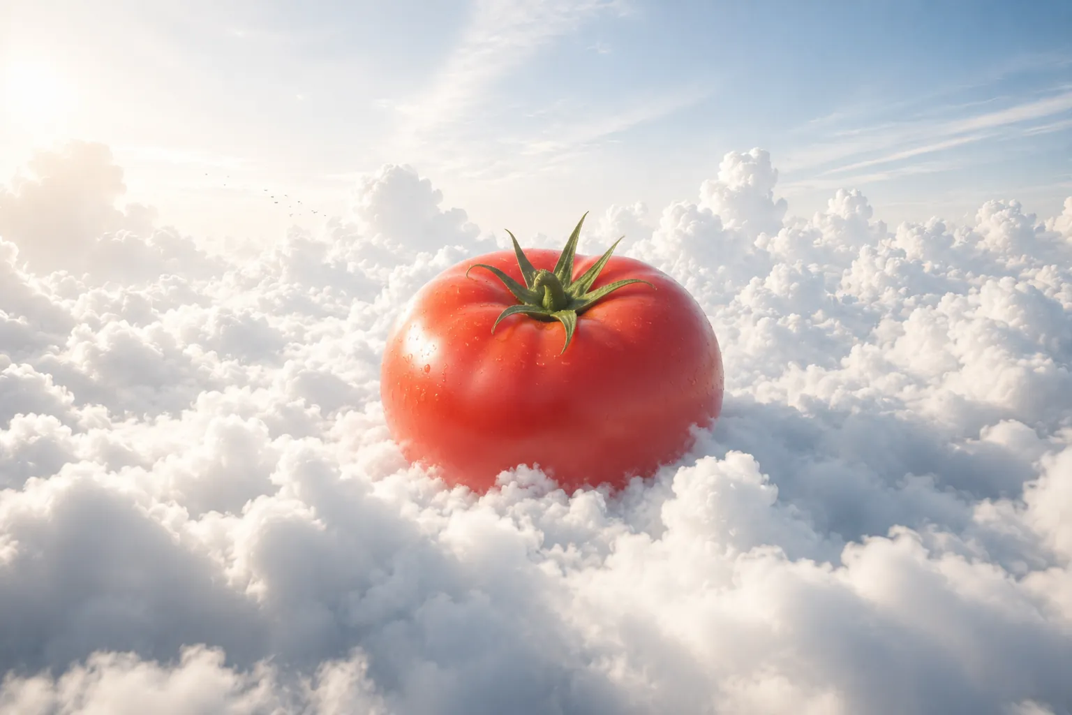 A symbolic Tomato Theory tomato floating in clouds